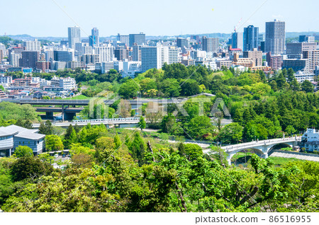 Morinomiyako Sendai early summer View of Nakanose Bridge over the Hirose River from Aoba Castle Ruins Park, Subway Tozai Line Tetsubashi Bridge, and Ohashi Bridge Morinomiyako Sendai early summer View of Nakanose Bridge over the Hirose River from Aoba Castle Ruins Park, Subway Tozai Line Tetsubashi Bridge, and Ohashi Bridge 86516955