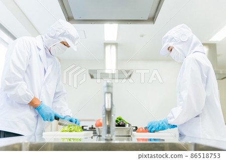 Men and women who cut vegetables in a clean suit (food processing) 86518753