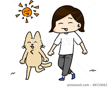 Illustration of a cat and a person taking a walk side by side Illustration of a cat and a person taking a walk side by side 86519081
