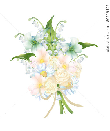 以白玫瑰為中心的花束的水彩插圖 以白玫瑰為中心的花束的水彩插圖 86519502