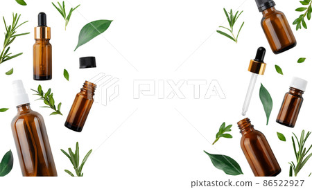 Dropper and spray bottles with oil and herbs isolated on white background flat lay view with copy space. Herbal cosmetics concept Dropper and spray bottles with oil and herbs isolated on white background flat lay view with copy space. Herbal cosmetics concept 86522927