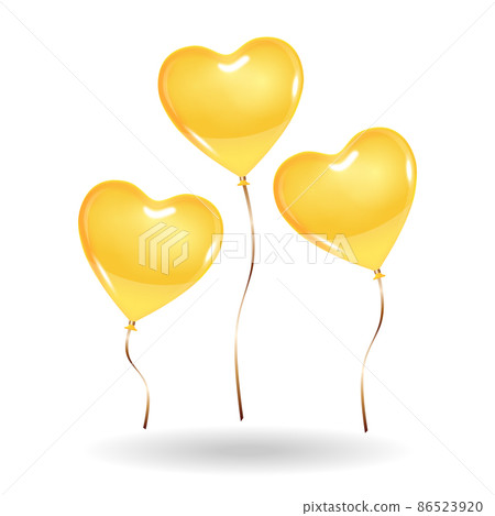 3 heart shaped gold yellow color balloons. Isolated on white background with shadow mockup template object. 86523920