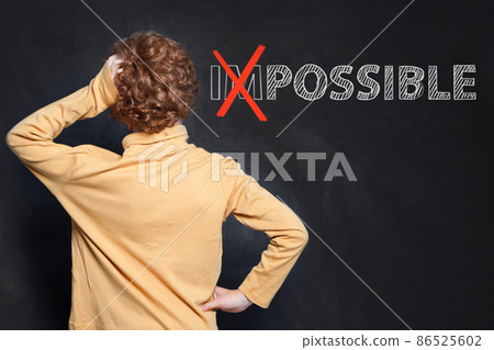 Thinking kid on chalkboard background with text possible 86525602
