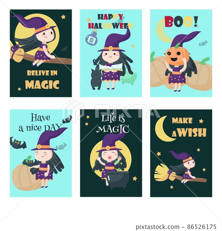 Vector set of cards with cute little Halloween witches 86526175