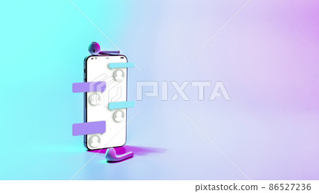 Chat messages notification sms. Bubble text conversation on smartphone screen. Digital sms, instant messaging chat on neon background. 86527236