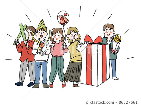 慶祝生日的人 可笑的手寫人物插圖 具有簡單著色白色背景的矢量線圖 86527661