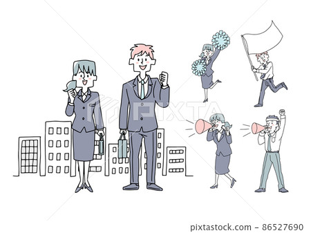 A set that supports new members of society: Comical handwritten person illustrations, vector line drawings with simple coloring, and a white background. 86527690