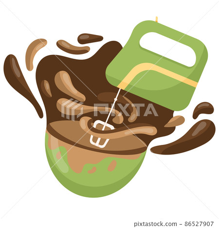 Chocolate cream is whipped with an electric mixer in a green plate, splashes of chocolate, illustration in a flat style. Vector illustration Chocolate cream is whipped with an electric mixer in a green plate, splashes of chocolate, illustration in a flat style. Vector illustration 86527907