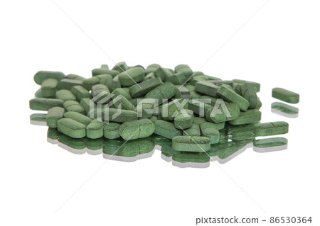 Green tablets on white background, Isolated, on white, 86530364
