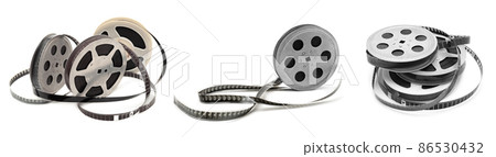 Collections old film strip in metal bobbins isolated on white 86530432