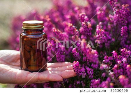 Pills on a background of flowers - phytotherapy. Alternative medicine. 86530496