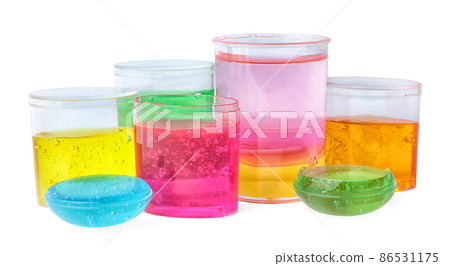 Colorful slimes in plastic containers isolated on white. Antistress toy Colorful slimes in plastic containers isolated on white. Antistress toy 86531175