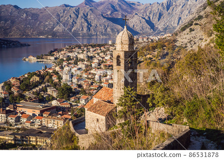 Old city. Kotor. Montenegro. Narrow streets and old houses of Kotor at sunset. View of Kotor from the city wall. View from above 86531878