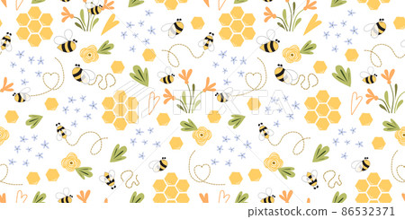Bee honey pattern Bee seamless pattern Cute hand drawn summer meadow flowers, bee honeycombe background Hand drawn honey templates. Kids fabric design. Summer illustration. Floral sweet bee print. 86532371