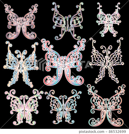 Nine colorful bright butterflies in white stroke, sticker 86532699