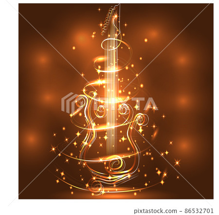 Elegant golden guitar outline, glowing on dark background, neon effect, music, notes 86532701