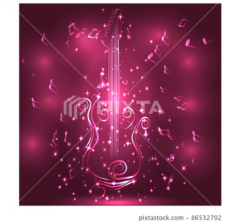 Elegant golden guitar outline, glowing on dark background, neon effect, music, notes 86532702