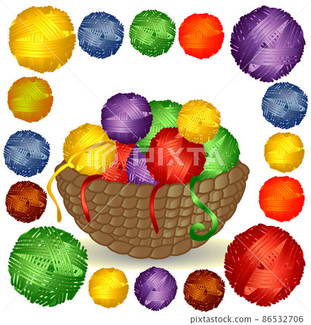Basket with multi-colored tangles in a square Frame of multi-colored balls of wool. 86532706