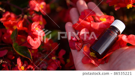 Red flower, ssential oil in a brown bottle - banners. 86535221