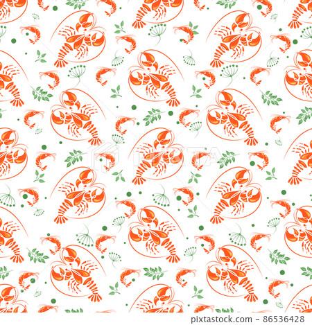 Seafood seamless pattern. Lobsters, Royal shrimp and spicy herbs. Background image for a thematic site, textile, bar, restaurant, seafood store, packaging design. Seafood seamless pattern. Lobsters, Royal shrimp and spicy herbs. Background image for a thematic site, textile, bar, restaurant, seafood store, packaging design. 86536428
