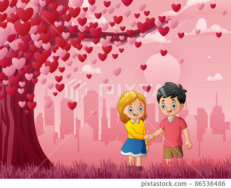 Two enamored under a love tree on pink background Two enamored under a love tree on pink background 86536486
