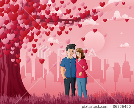 Couple under three of love with heart on pink background Couple under three of love with heart on pink background 86536490