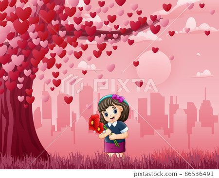 Cartoon cute girl holding flowers under a heart tree 86536491
