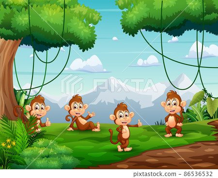 Cartoon illustration of monkeys enjoy at nature Cartoon illustration of monkeys enjoy at nature 86536532