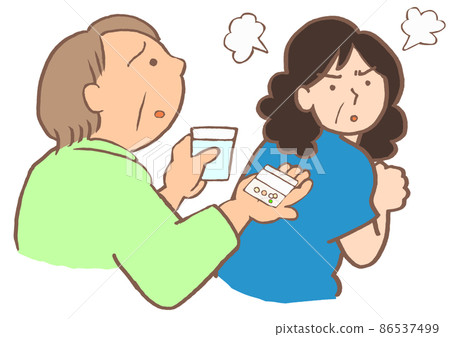 Illustration of a woman with schizophrenia who refuses to take medicine with a family who recommends oral administration Illustration of a woman with schizophrenia who refuses to take medicine with a family who recommends oral administration 86537499