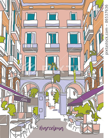 Hand drawn vector illustration Barcelona, Spain Sketch. Scene street illustration. Hand drawn ink line sketch in outline style. Simple urban sketch for postcards, logos or banners. Cafe in the old 86537636