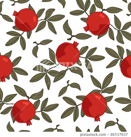 Seamless pattern with pomegranate fruits and seeds illustration. Design for cosmetics, spa, pomegranate juice, health care products, perfume. Transparent background. 86537637