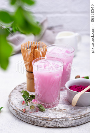 Pink matcha ice latte with milk Pink matcha ice latte with milk 86538549