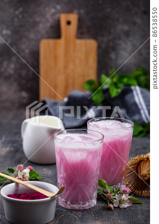 Pink matcha ice latte with milk Pink matcha ice latte with milk 86538550