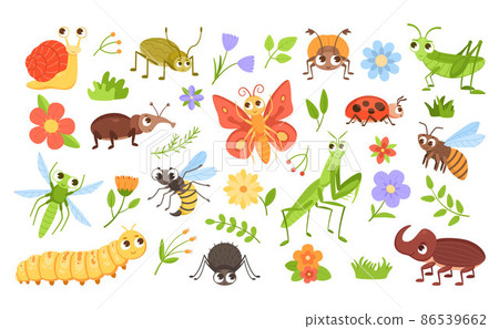 Cartoon bugs and plants. Insect characters with happy faces and colorful flowers. Caterpillar and snail mascots. Buzzing bee. Beetle or hornet. Blossoms with leaves. Vector animals set Cartoon bugs and plants. Insect characters with happy faces and colorful flowers. Caterpillar and snail mascots. Buzzing bee. Beetle or hornet. Blossoms with leaves. Vector animals set 86539662