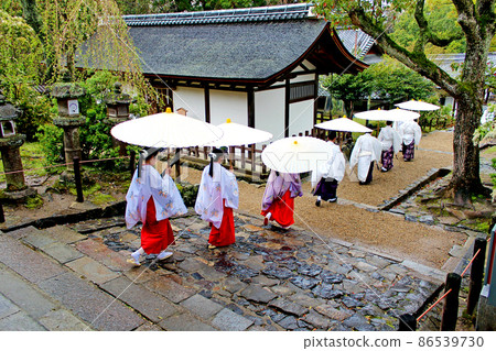 [Nara] Kasuga Taisha Shrine in the rain, priests walking in the precincts with a Japanese umbrella (brightness correction) 86539730