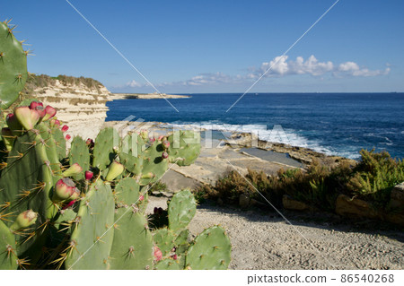 MARSAXLOKK, MALTA - 03 JAN, 2020: Traditional salt fields, Mediterranean Sea and small limestone hill in the background near Peter's pool MARSAXLOKK, MALTA - 03 JAN, 2020: Traditional salt fields, Mediterranean Sea and small limestone hill in the background near Peter's pool 86540268
