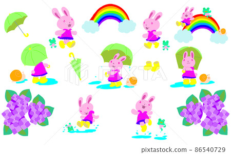 Cute rabbit, rainy season, umbrella, rainbow, snail, frog, hydrangea, puddle play 86540729