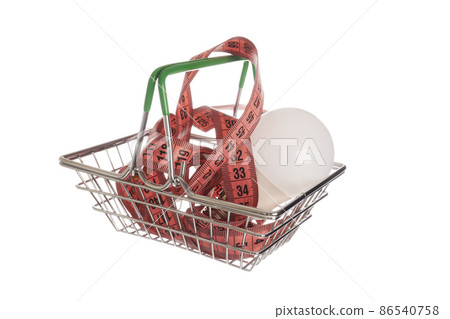 Led Bulb with Meter Tape in Metal Basket - Isolated Photo 86540758