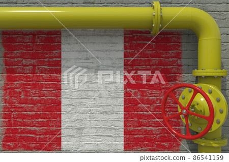 Painted flag of Peru and yellow pipe with valve, 3d rendering Painted flag of Peru and yellow pipe with valve, 3d rendering 86541159