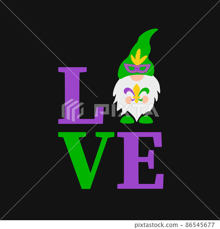 Word love with cute Mardi Gras gnome holding Fleur de lis. Vector template for Valentines card, flyer, banner, sticker, t-shirt, etc 86545677