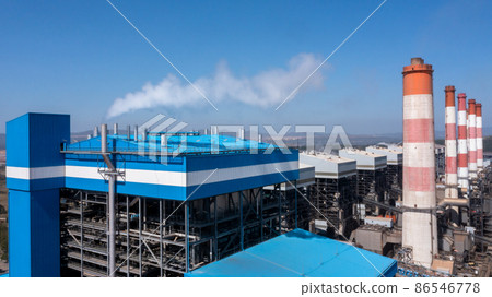 Aerial view Coal-fired power plants with blue sky background, coal-fired power station, Gas turbine electrical power plant power for factory energy, Power plant for industrial estate. 86546778