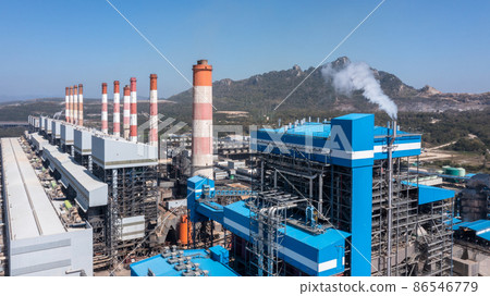 Aerial view Coal-fired power plants with blue sky background, coal-fired power station, Gas turbine electrical power plant power for factory energy, Power plant for industrial estate. 86546779