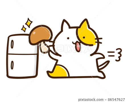 一隻可愛的貓試圖把蘑菇放在冰箱裡的手寫風格插圖 86547627