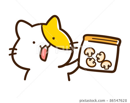 一隻可愛的貓的手寫風格插圖,它把蘑菇放在冷凍包裡 一隻可愛的貓的手寫風格插圖,它把蘑菇放在冷凍包裡 86547628