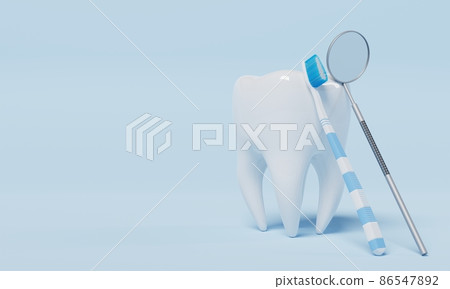Tooth with dental inspection mirror on blue background. Dental and Health care concept. 3D illustration rendering Tooth with dental inspection mirror on blue background. Dental and Health care concept. 3D illustration rendering 86547892