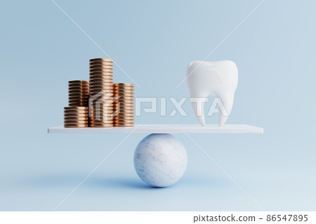 Dental tooth and golden coin on balancing scale on blue background. Health care and financial concept. Money-saving and cash flow theme. 3D illustration rendering Dental tooth and golden coin on balancing scale on blue background. Health care and financial concept. Money-saving and cash flow theme. 3D illustration rendering 86547895