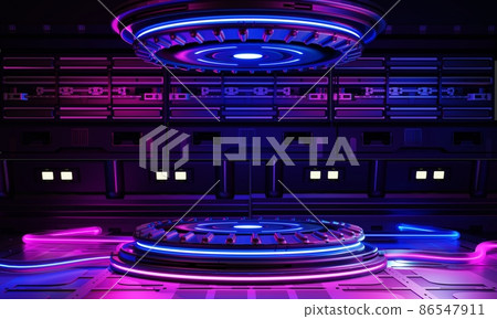 Cyberpunk sci-fi product podium showcase in spaceship base with blue and pink background. Technology and object concept. 3D illustration rendering 86547911