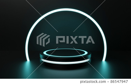 Modern round product showcase sci-fi podium with blue green glowing light neon frame background. Technology and object for advertising template concept. 3D illustration rendering Modern round product showcase sci-fi podium with blue green glowing light neon frame background. Technology and object for advertising template concept. 3D illustration rendering 86547947