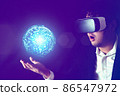 Businessman wearing Virtual reality headset with globe hologram on his hand. Business technology and Metaverse concept 86547972