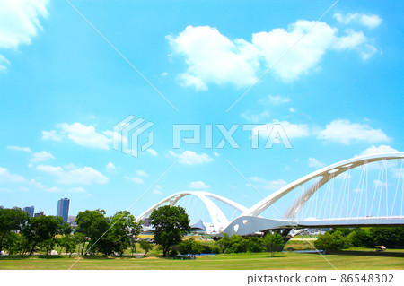Scenery of Toyota Ohashi Bridge over the fresh green Yahagi River 86548302